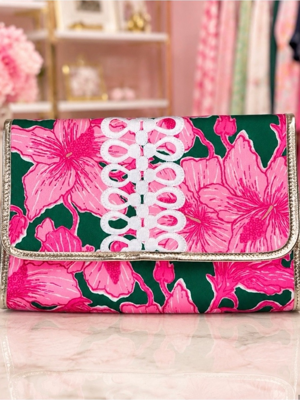 NEW Lilly Pulitzer Pink & Green Floral Envelope Clutch w/ white trim & Gold Trim - Picture 6 of 7